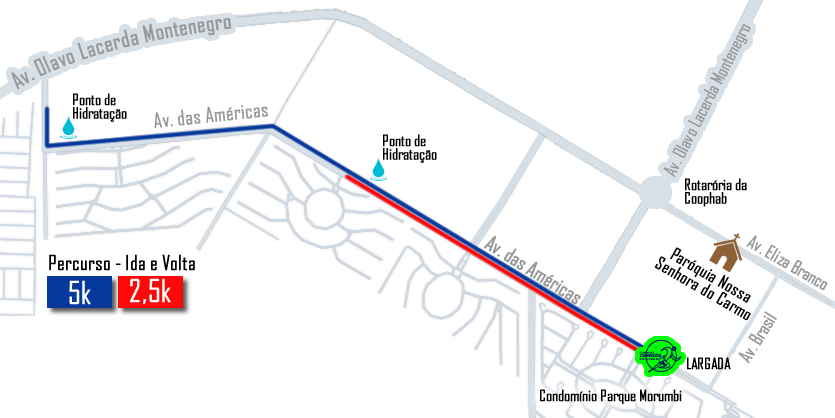 Mapa do percurso da Caminhada e Corrida do Carmo — ida e volta de 5K e 2,5K