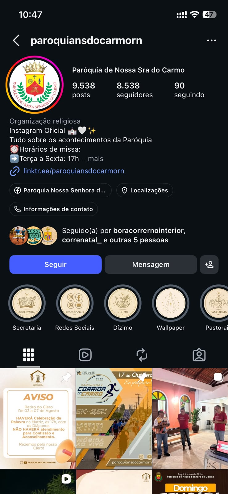 Perfil no Instagram da Paróquia de Nossa Senhora do Carmo